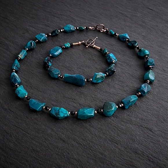 Artisan Jewelry - Rough Turquoise & Black Spinel Necklace & Bracelet Set - Solid Copper Spacers